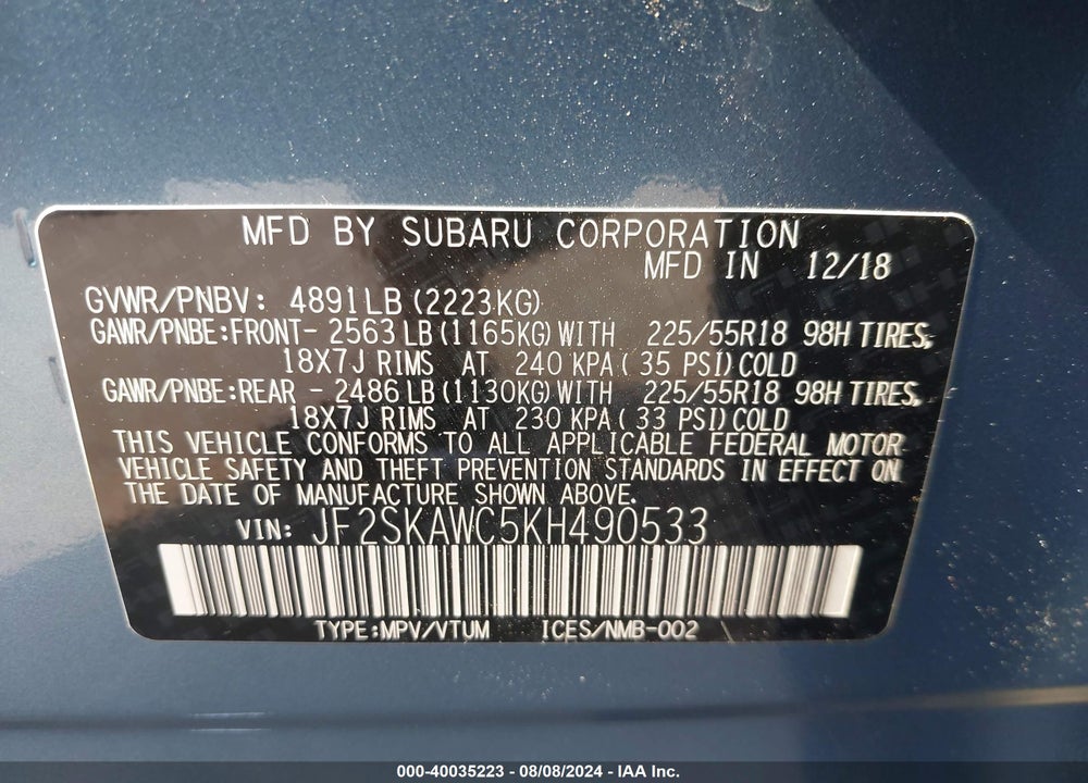 2019 SUBARU FORESTER TOURING VIN: JF2SKAWC5KH490533