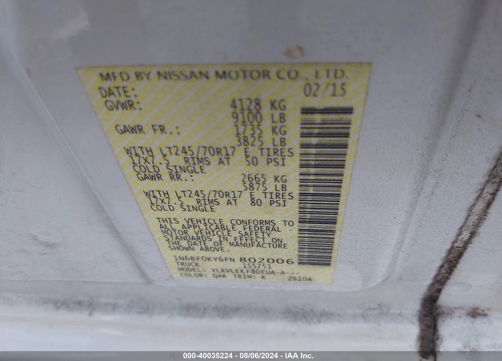 2015 NISSAN NV CARGO NV2500 HD SV V6 VIN: 1N6BF0KY6FN802006