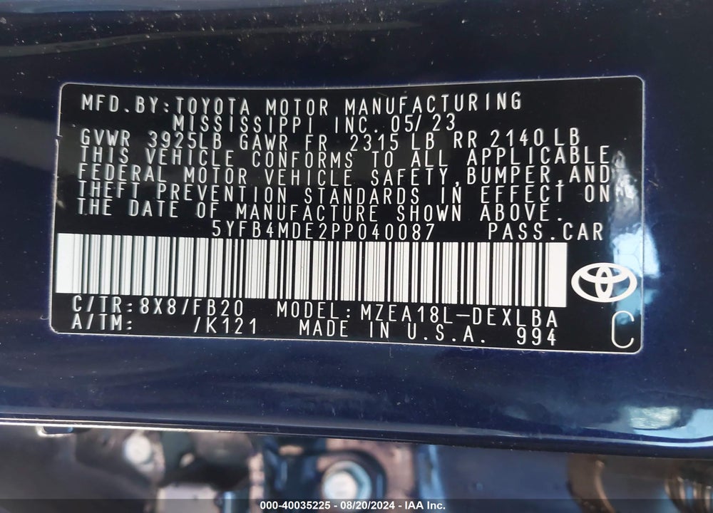 2023 TOYOTA COROLLA LE VIN: 5YFB4MDE2PP040087