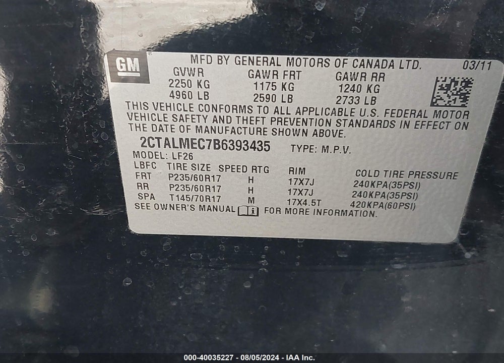 2011 GMC TERRAIN SLE-1 VIN: 2CTALMEC7B6393435