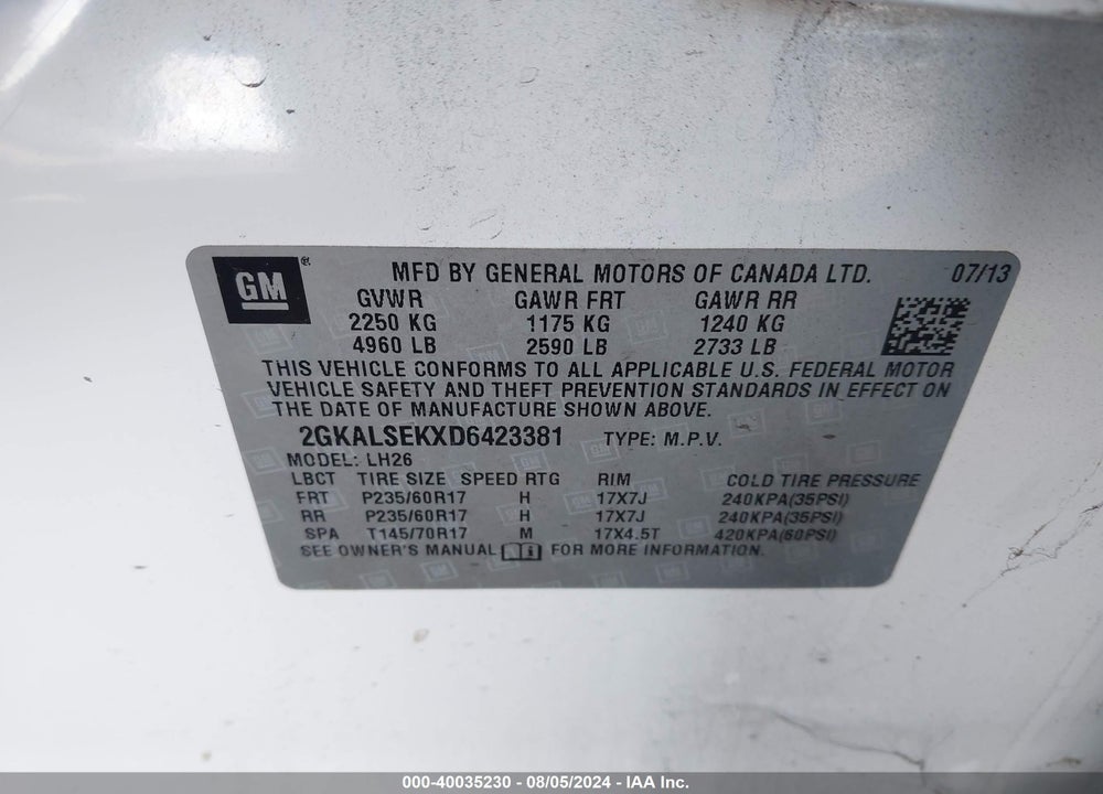 2013 GMC TERRAIN SLE-2 VIN: 2GKALSEKXD6423381