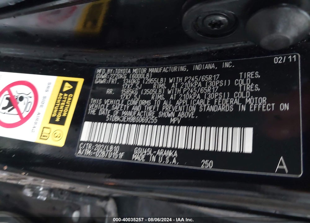 2011 TOYOTA HIGHLANDER SE V6 VIN: 5TDBK3EH9BS069255