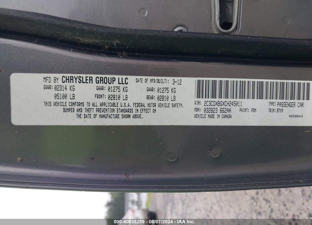 2012 DODGE CHARGER SE VIN: 2C3CDXBGXCH245011