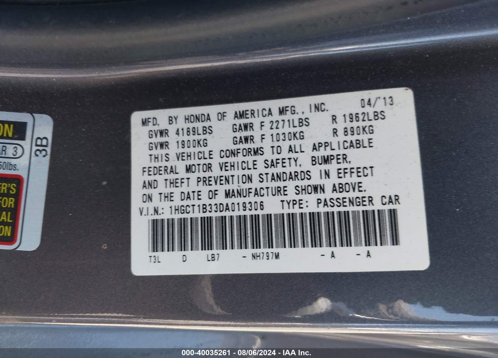 2013 HONDA ACCORD VIN: 1HGCT1B33DA019306
