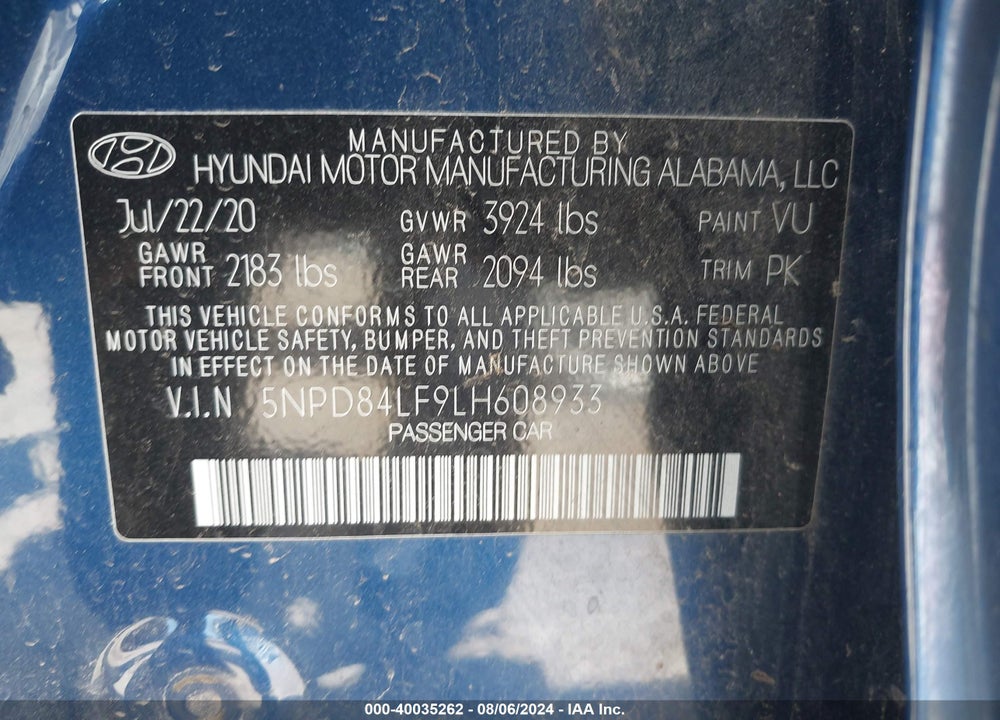 2020 HYUNDAI ELANTRA LIMITED VIN: 5NPD84LF9LH608933