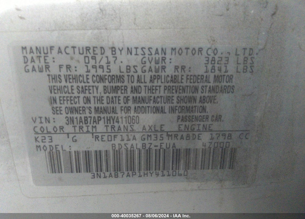 2017 NISSAN SENTRA S/SL/SR/SV VIN: 3N1AB7AP1HY411060