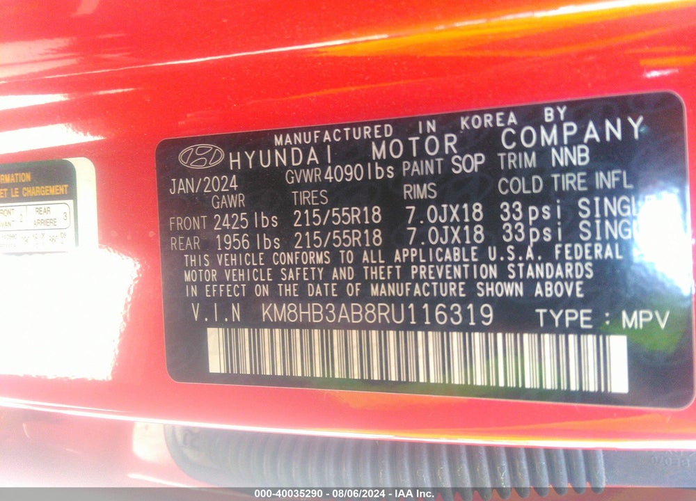 2024 HYUNDAI KONA SEL VIN: KM8HB3AB8RU116319