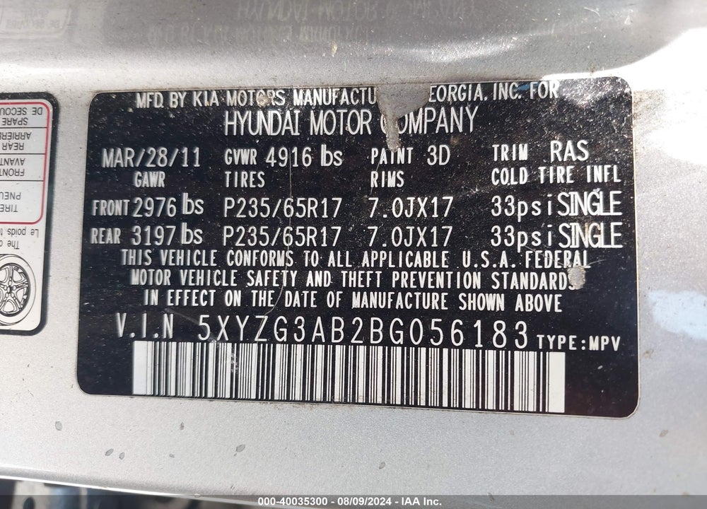 2011 HYUNDAI SANTA FE GLS VIN: 5XYZG3AB2BG056183