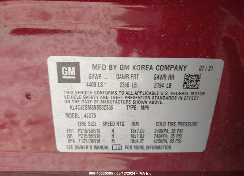 2022 BUICK ENCORE AWD PREFERRED VIN: KL4CJESM3NB502336