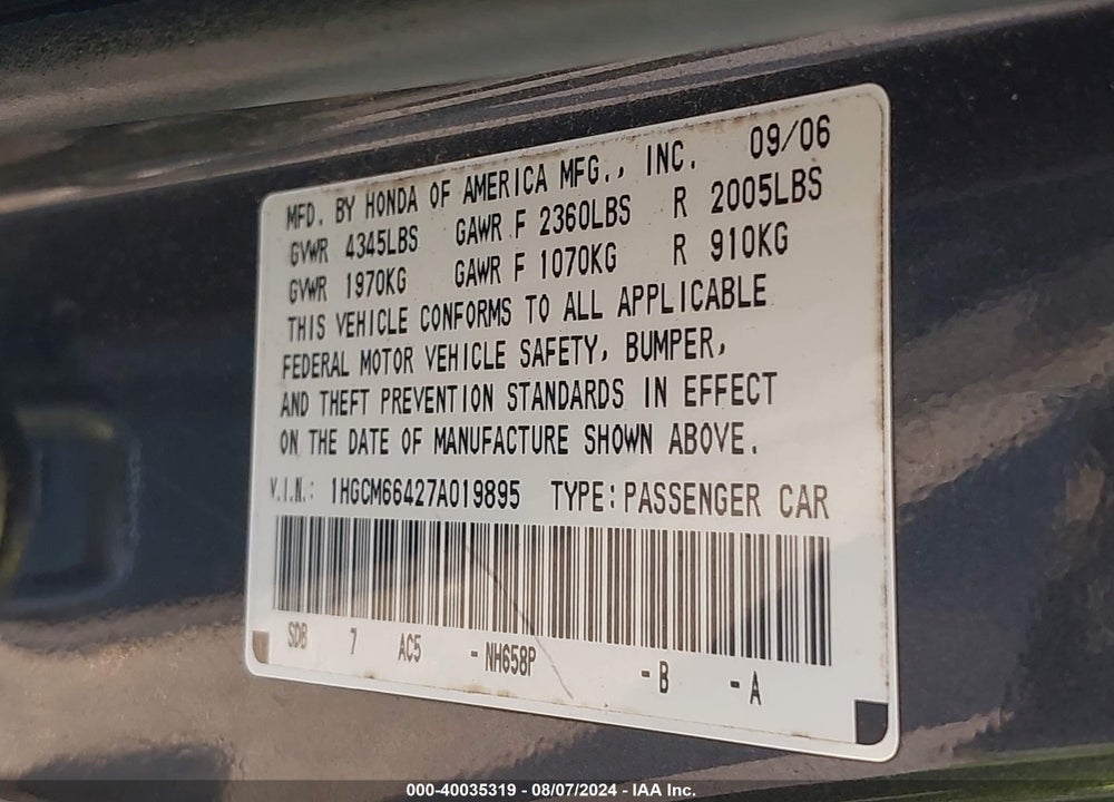 2007 HONDA ACCORD 3.0 SE VIN: 1HGCM66427A019895