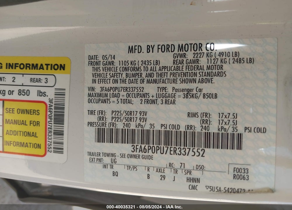 2014 FORD FUSION ENERGI SE LUXURY VIN: 3FA6P0PU7ER337552