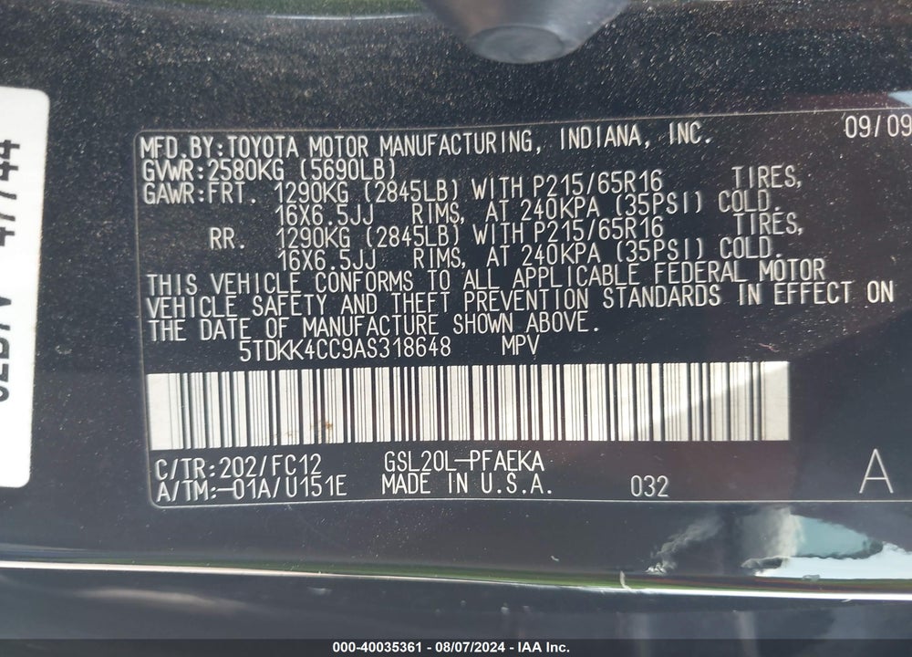 2010 TOYOTA SIENNA LE VIN: 5TDKK4CC9AS318648