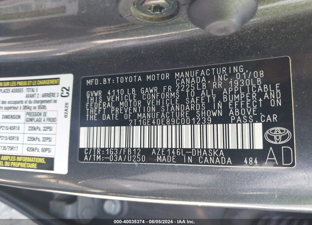 2009 TOYOTA MATRIX XRS VIN: 2T1GE40E89C001239