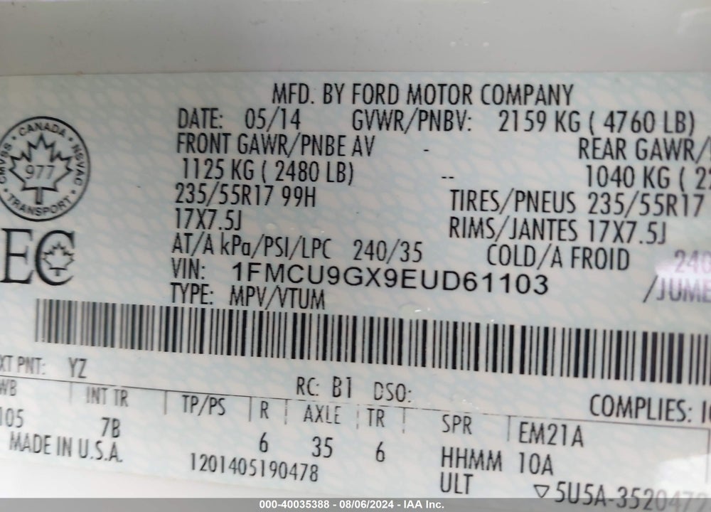 2014 FORD ESCAPE SE VIN: 1FMCU9GX9EUD61103