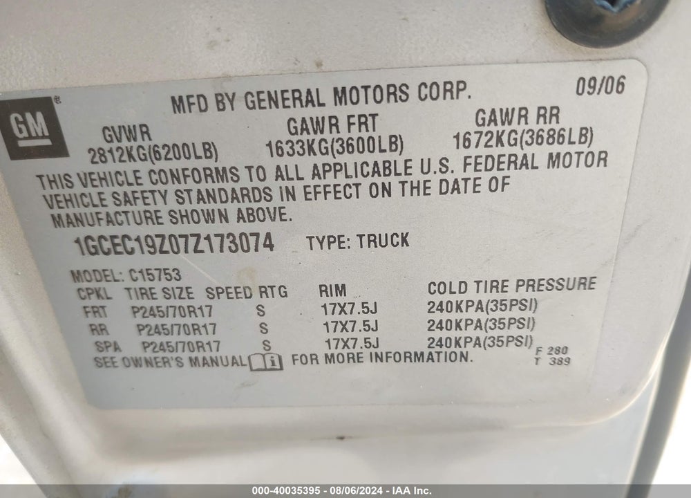2007 CHEVROLET SILVERADO 1500 CLASSIC LT1 VIN: 1GCEC19Z07Z173074