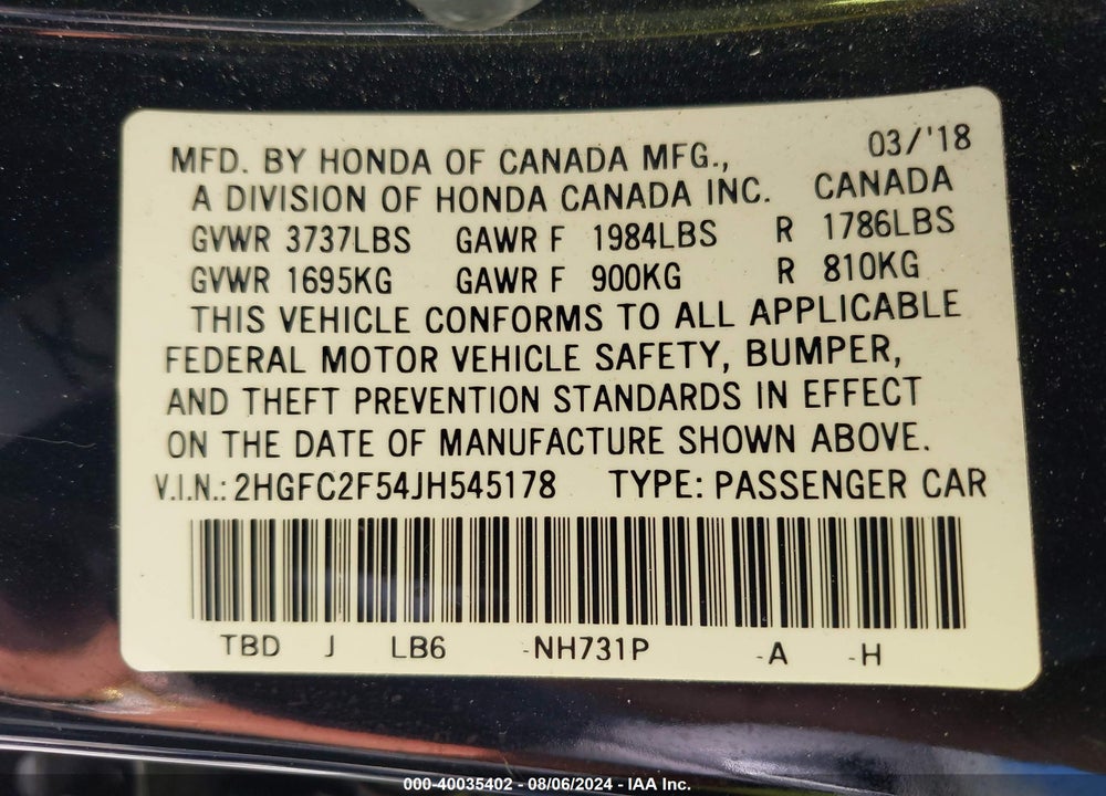 2018 HONDA CIVIC LX VIN: 2HGFC2F54JH545178