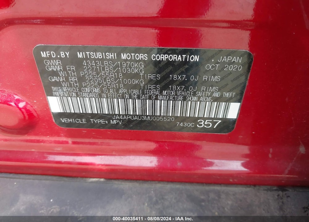 2021 MITSUBISHI OUTLANDER SPORT 2.0 BE 2WD/2.0 ES 2WD/2.0 LE 2WD/2.0 S 2WD VIN: JA4APUAU3MU005520