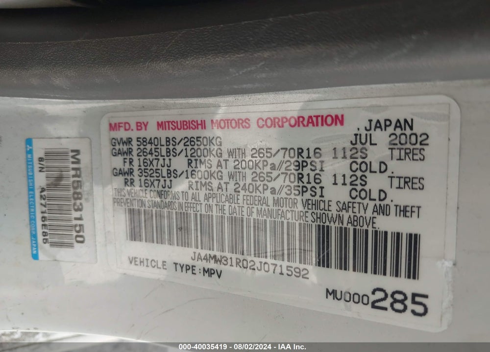 2002 MITSUBISHI MONTERO XLS VIN: JA4MW31R02J071592