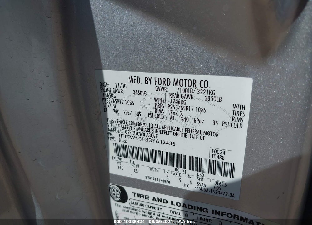 2011 FORD F-150 VIN: 1FTFW1CF3BFA13436