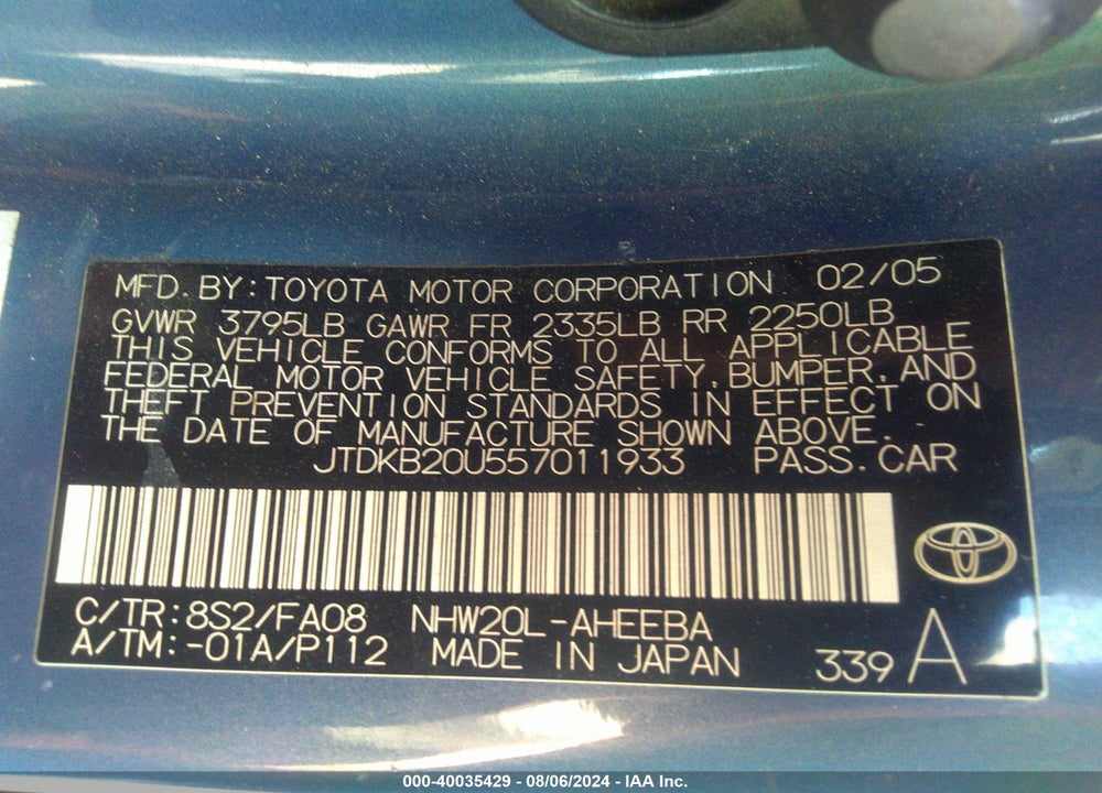 2005 TOYOTA PRIUS VIN: JTDKB20U557011933