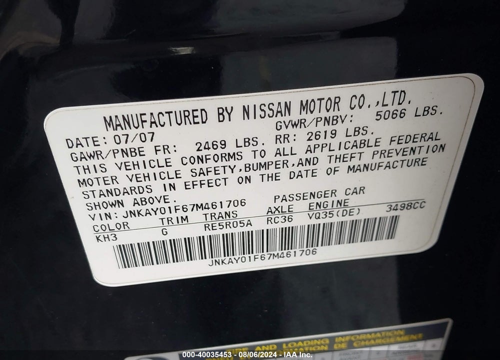 2007 INFINITI M35X VIN: JNKAY01F67M461706