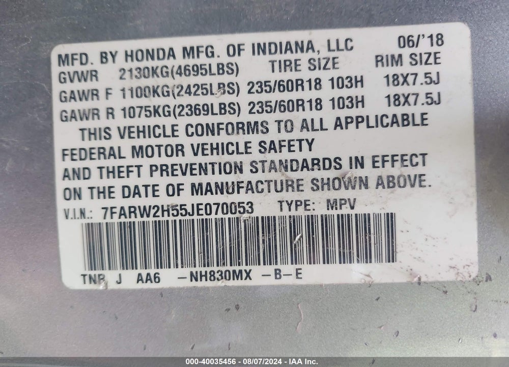 2018 HONDA CR-V EX VIN: 7FARW2H55JE070053