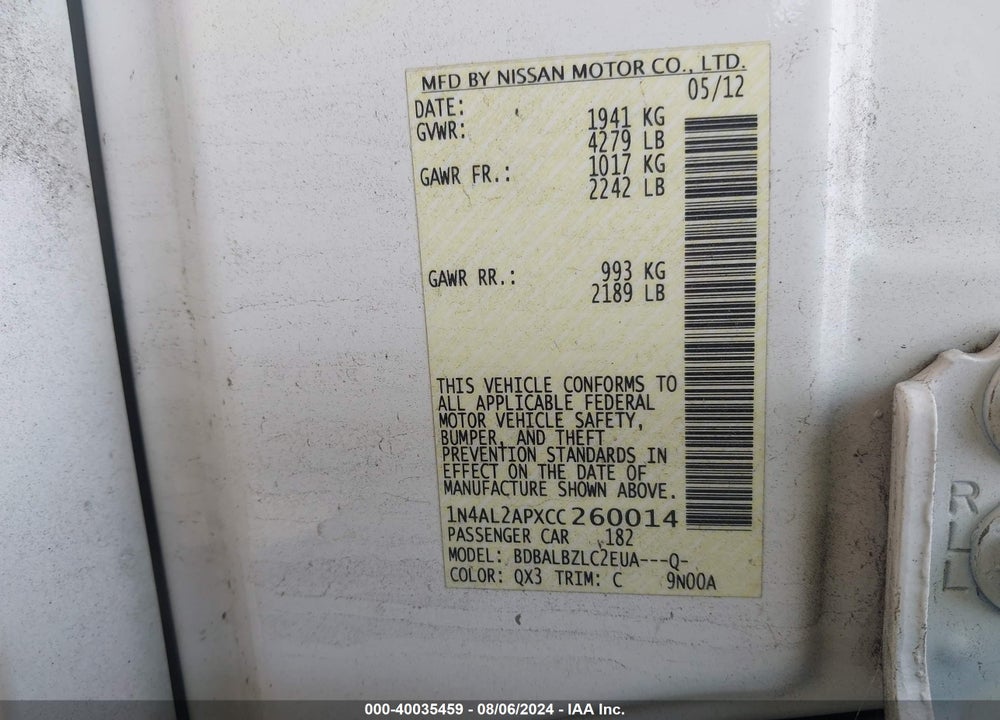 2012 NISSAN ALTIMA VIN: 1N4AL2APXCC260014