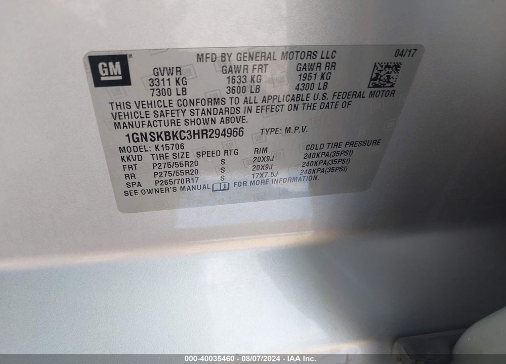 2017 CHEVROLET TAHOE LT VIN: 1GNSKBKC3HR294966