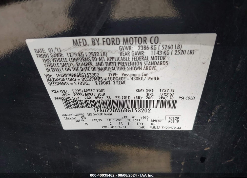 2011 FORD TAURUS SE VIN: 1FAHP2DW6BG153202