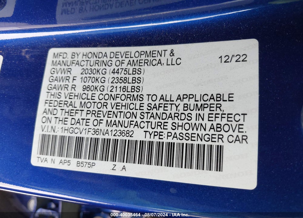 2022 HONDA ACCORD SPORT VIN: 1HGCV1F36NA123682