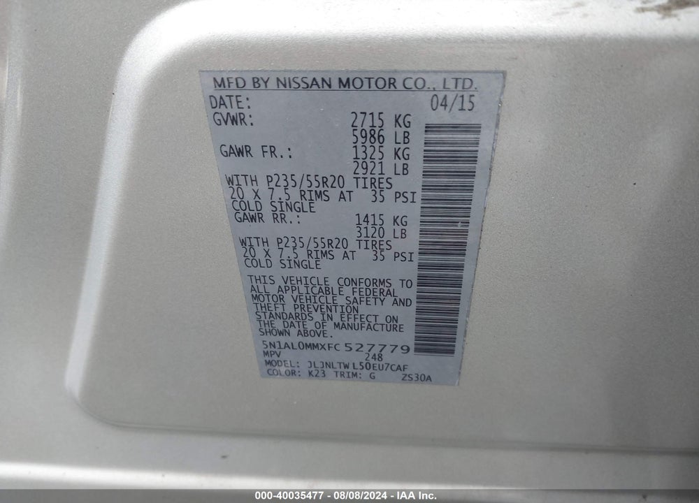 2015 INFINITI QX60 VIN: 5N1AL0MMXFC527779