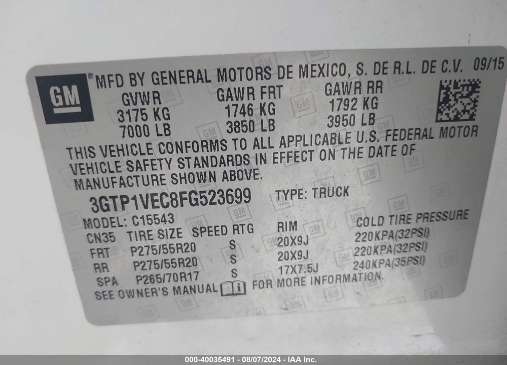 2015 GMC SIERRA 1500 VIN: 3GTP1VEC8FG523699