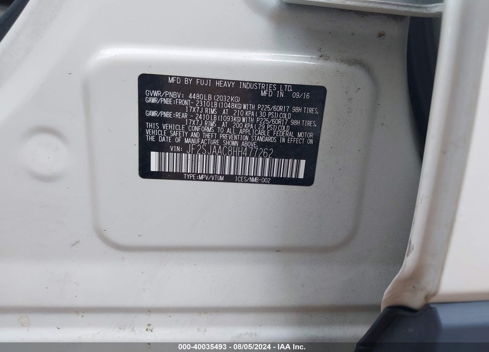 2017 SUBARU FORESTER 2.5I VIN: JF2SJAAC8HH477262