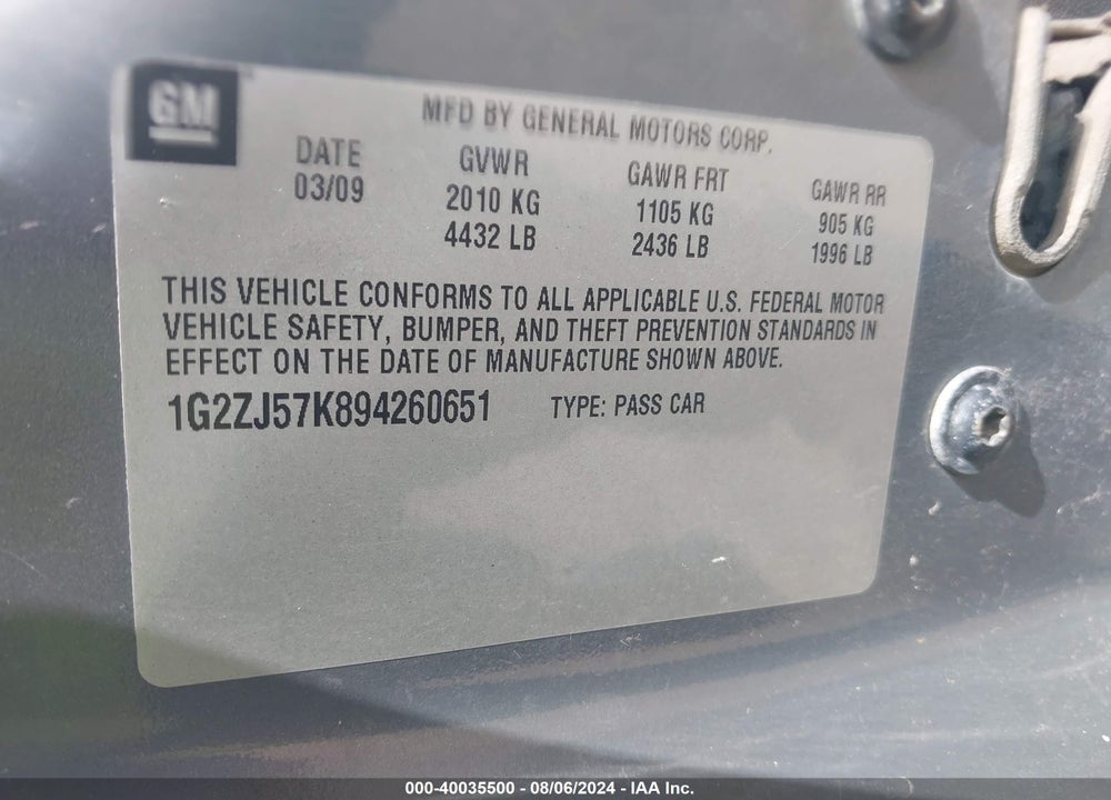 2009 PONTIAC G6 NEW SE VIN: 1G2ZJ57K894260651