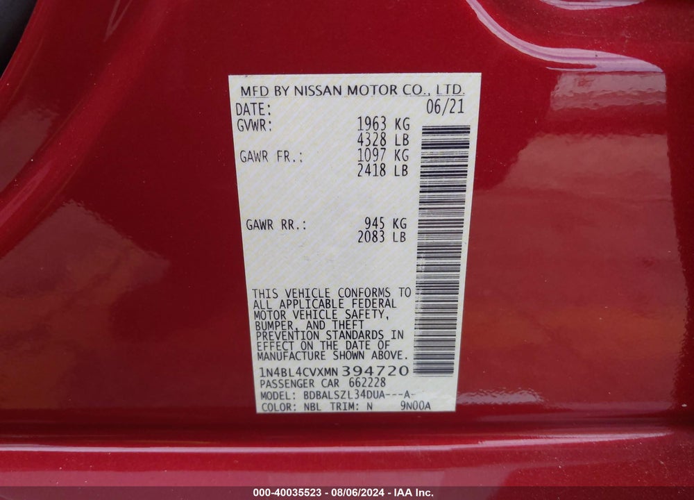 2021 NISSAN ALTIMA SR FWD VIN: 1N4BL4CVXMN394720