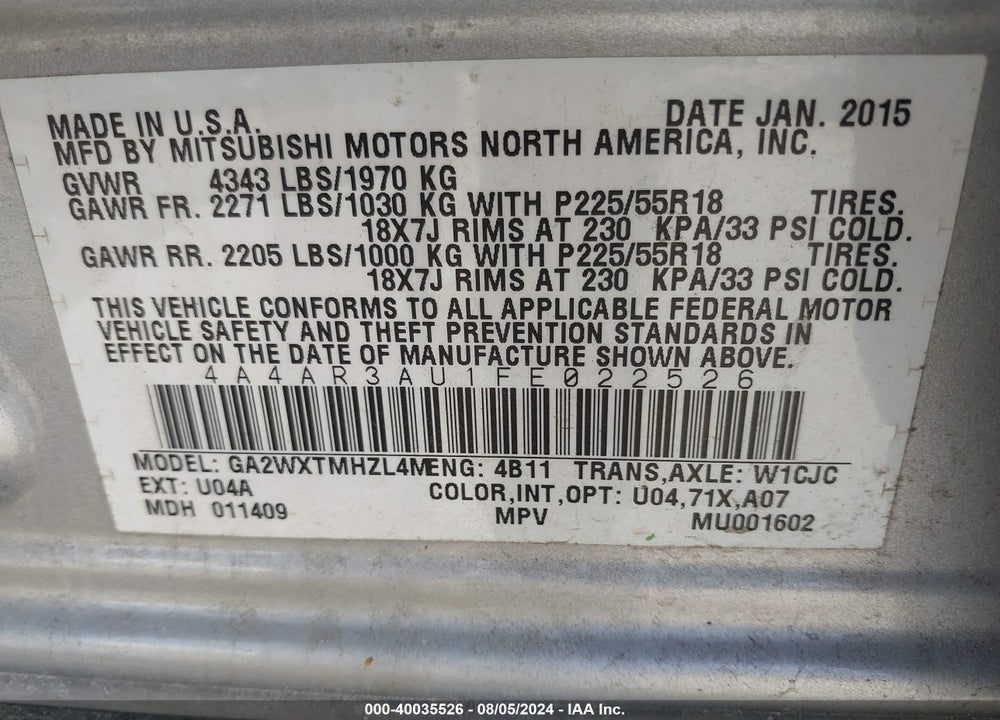 2015 MITSUBISHI OUTLANDER SPORT ES VIN: 4A4AR3AU1FE022526