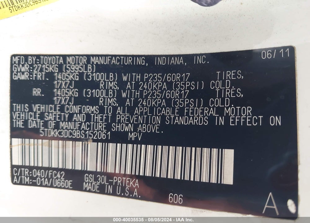 2011 TOYOTA SIENNA LE V6 VIN: 5TDKK3DC9BS152061
