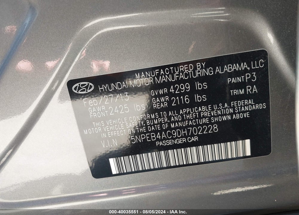 2013 HYUNDAI SONATA GLS VIN: 5NPEB4AC9DH702228
