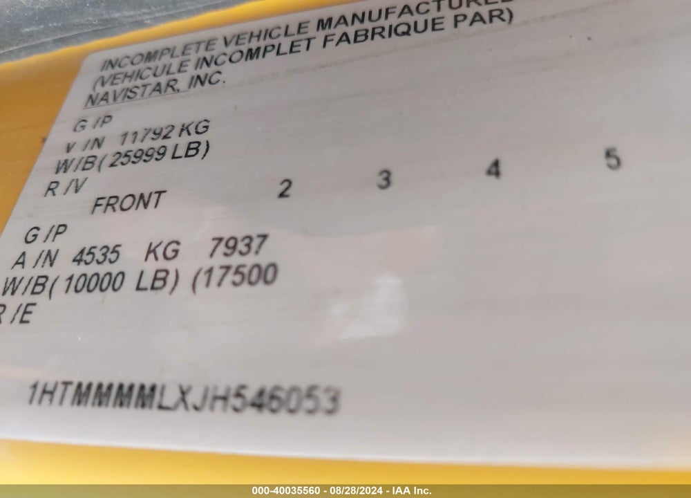 2018 INTERNATIONAL DURASTAR 4300 VIN: 1HTMMMMLXJH546053
