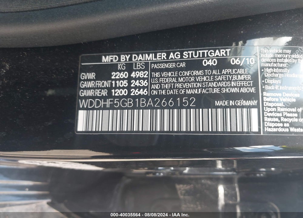 2011 MERCEDES-BENZ E 350 VIN: WDDHF5GB1BA266152