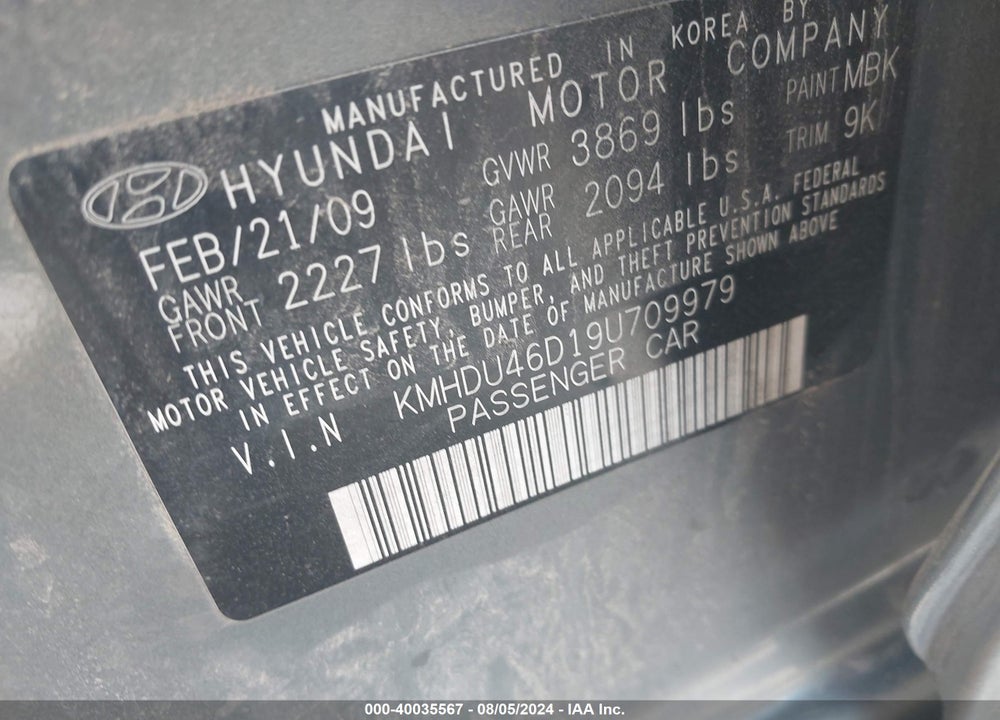 2009 HYUNDAI ELANTRA GLS VIN: KMHDU46D19U709979