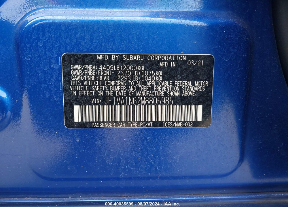 2021 SUBARU WRX LIMITED VIN: JF1VA1N62M8805985