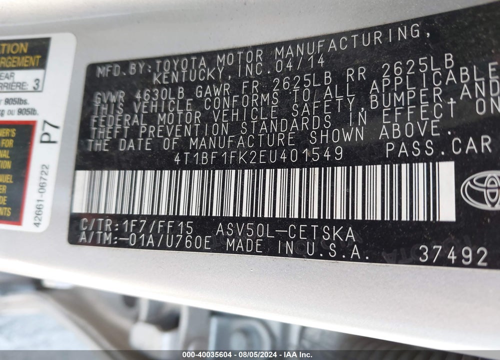 2014 TOYOTA CAMRY SE VIN: 4T1BF1FK2EU401549