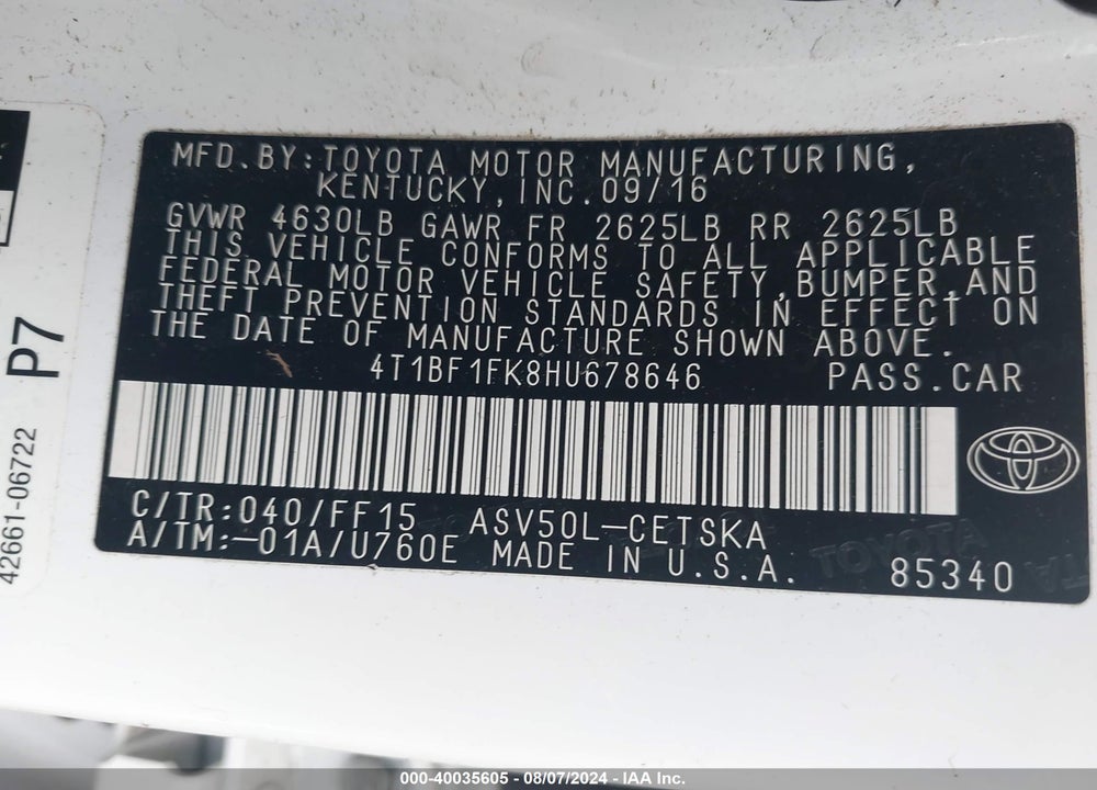 2017 TOYOTA CAMRY SE VIN: 4T1BF1FK8HU678646