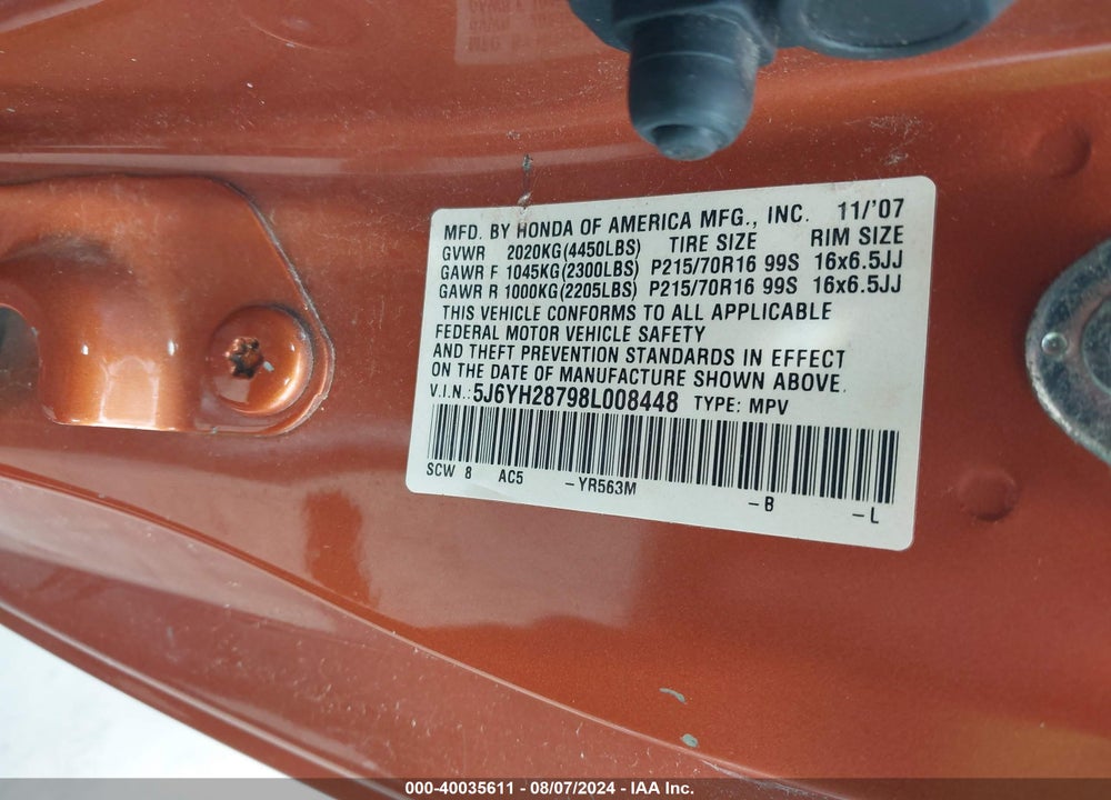 2008 HONDA ELEMENT VIN: 5J6YH28798L008448