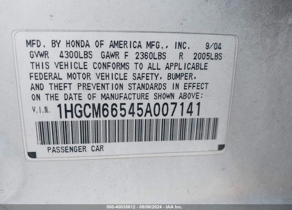 2005 HONDA ACCORD 3.0 EX VIN: 1HGCM66545A007141