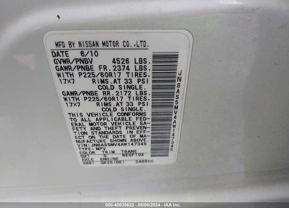 2010 NISSAN ROGUE SL VIN: JN8AS5MV4AW147345