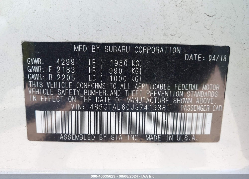 2018 SUBARU IMPREZA 2.0I SPORT VIN: 4S3GTAL60J3741938