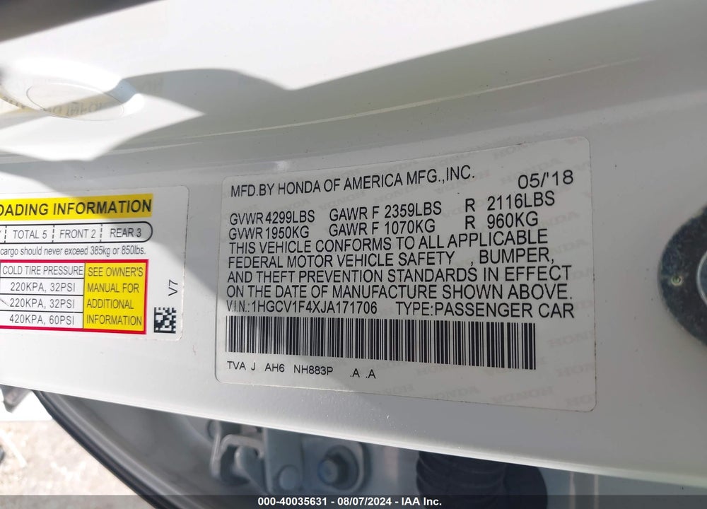 2018 HONDA ACCORD EX VIN: 1HGCV1F4XJA171706