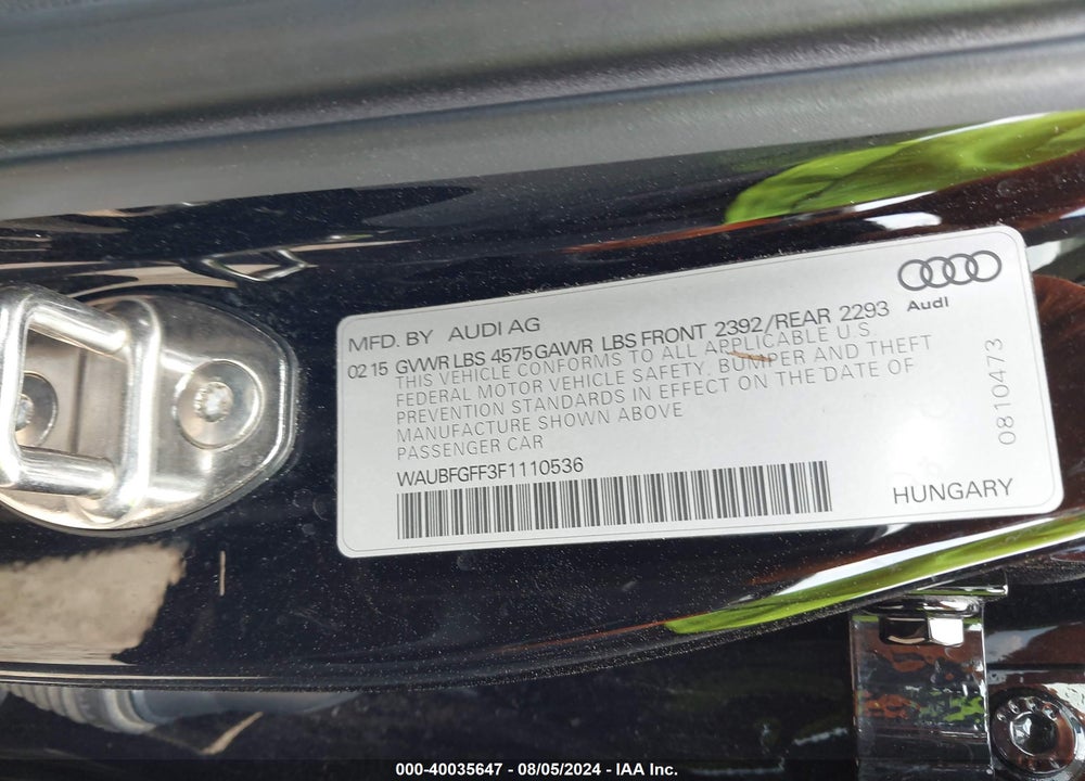 2015 AUDI A3 2.0T PREMIUM VIN: WAUBFGFF3F1110536